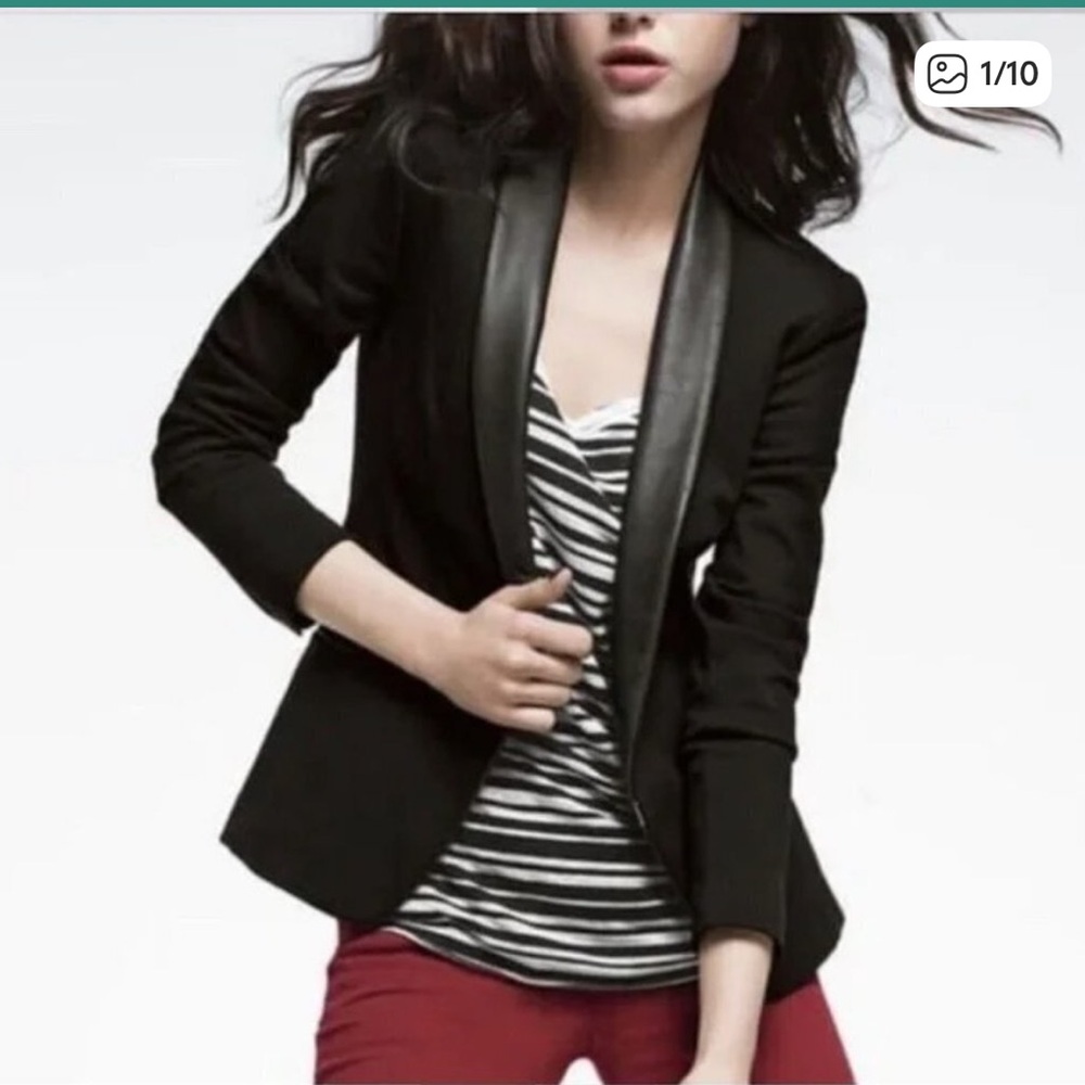 Rag & Bone Black Lamb Leather Shawl Lapel Cotton Blend Blazer Jacket Size 4